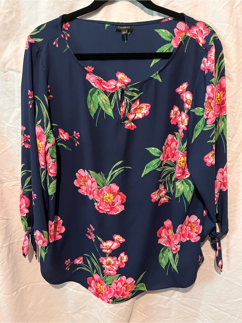 Talbots Navy Floral Tie-Sleeve Blouse with Pink Flowers